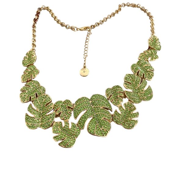 Necklace By Pink Linen With Beautiful Green Crystal Palmetto Leaves TROPICAL - Picture 1 of 5